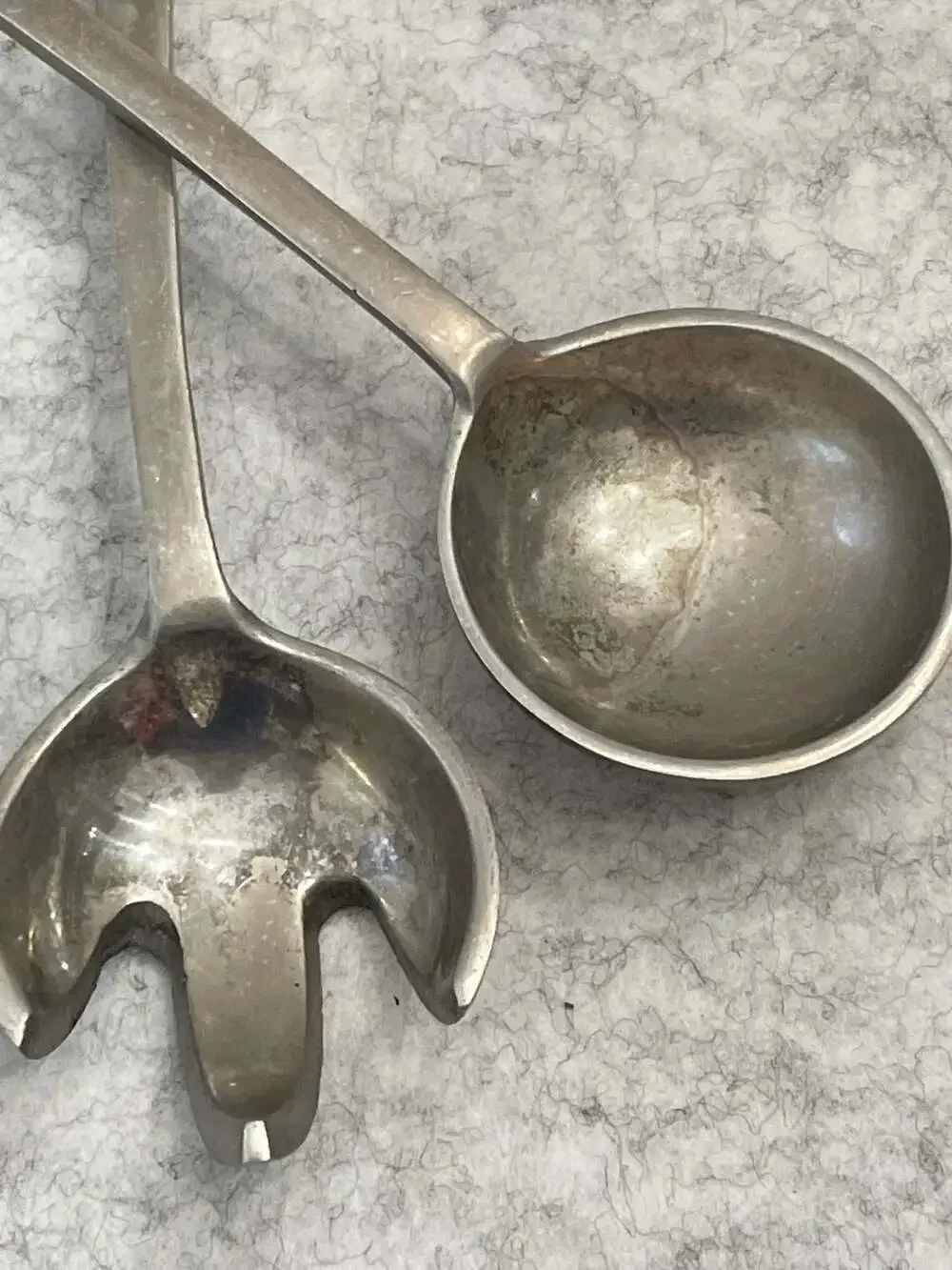 Vintage Sun and Moon Cast Aluminum Salad Serving Fork and Spoon Set folk art NU